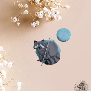 Handmade Polymer clay magnetic raccoon needle minder / turquoise hexagon sewing cross stitch accessory needle keeper