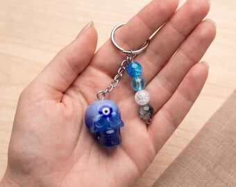 Blue evil eye skull beaded keychain / small blue skull keychain gift handmade