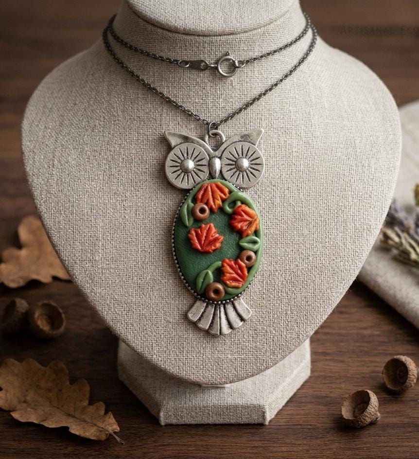 Polymer clay silver tone owl fall scene pendant / handmade hand molded autumn leaves owl pendant / f