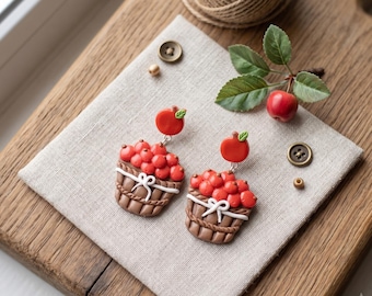 Kawaii apple earrings / polymer clay apple orchard basket stud dangle earrings / kawaii apple fall  jewelry / clay autumn earrings
