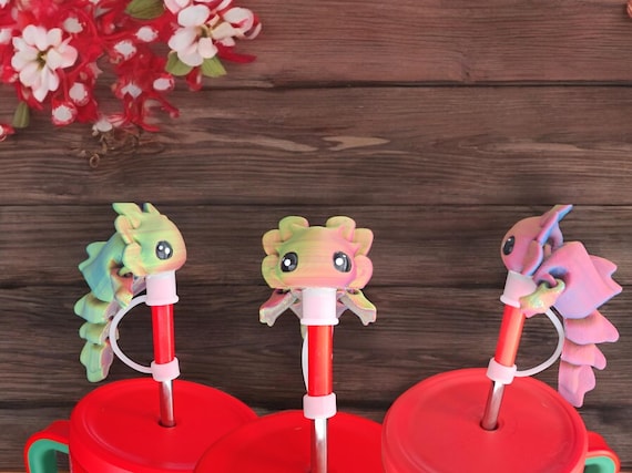 Painted 3D articulated baby axolotl dragon tadpole / dragon straw cap / axolotl straw topper cover / 3d printed tumbler accessories