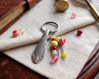 Upcycled silverplate silverware floral beaded keychain / recycled spoon keychain gift red yellow
