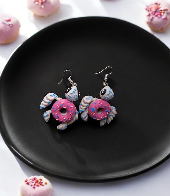 Hand Painted 3D Pink Frosted Donut Turtle Earrings Jewelry Charm