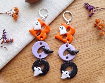 Kawaii clay dangle BOO ghost bat earrings / polymer clay dangle stud earrings / bat ghost Halloween holiday jewelry / boo earrings