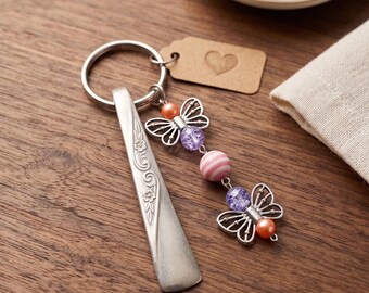Upcycled silverplate silverware floral beaded keychain / recycled spoon keychain gift orange purple butterfly