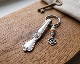 Upcycled silverplate silverware floral beaded keychain / recycled spoon keychain gift celtic