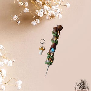 Handmade Polymer clay yellow mushroom toadstool forest crochet hook matching stitch marker / blue bird crochet hook knitting accessory
