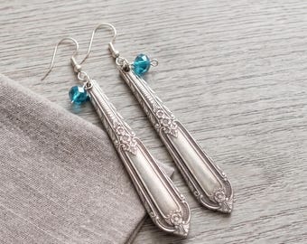 Upcycled silverplate silverware floral dangle earrings / recycled spoon jewelry gift flower blue