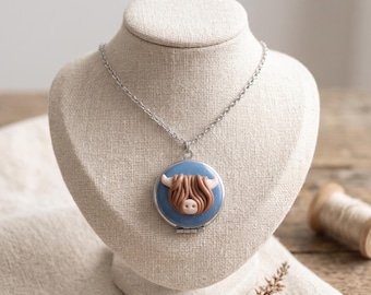 Polymer clay round locket necklace / handmade hand molded brown cow pendant / highland cow jewelry gift