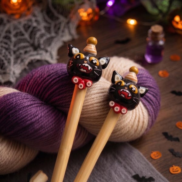 Set of 2 vintage-style halloween black cat knitting needles / polymer clay knitting needles / decorative halloween knitting needle accessory
