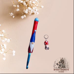 Polymer clay garden gnome crochet hook / toadstool gnome house crochet hook / clay mushroom gnome crochet hook knitting accessory