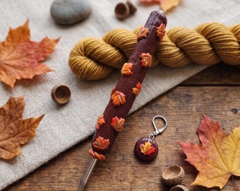 Polymer clay maple leaf fall colorful crochet hook matching stitch marker / leaf crochet hook / fall leaves crochet hook knitting accessory