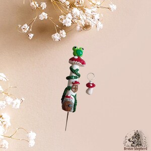 Handmade polymer clay frog fairy toadstool house crochet hook / clay toadstool mushroom garden frog crochet hook knitting accessory