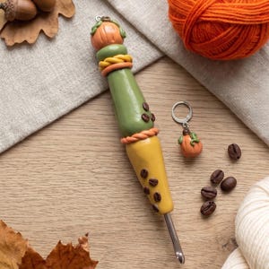 Polymer clay pumpkin spice color block crochet hook / clay pumpkin crochet hook fall autumn knitting accessory stacked pumpkin coffee bean
