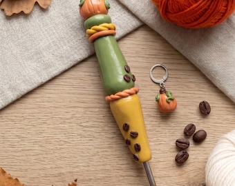 Polymer clay pumpkin spice color block crochet hook / clay pumpkin crochet hook fall autumn knitting accessory stacked pumpkin coffee bean