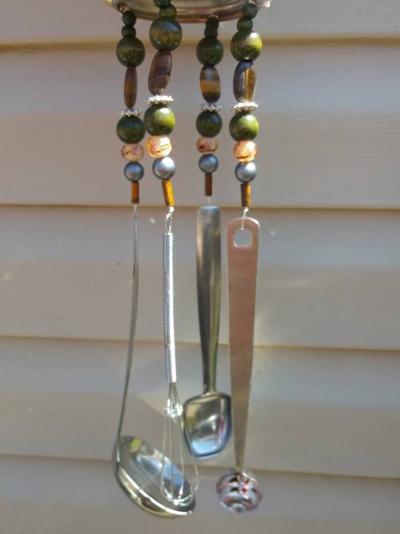 Silverplate sugar bowl creamer teapot wind chime teapot wind chime silverware windchime tiger eye beads