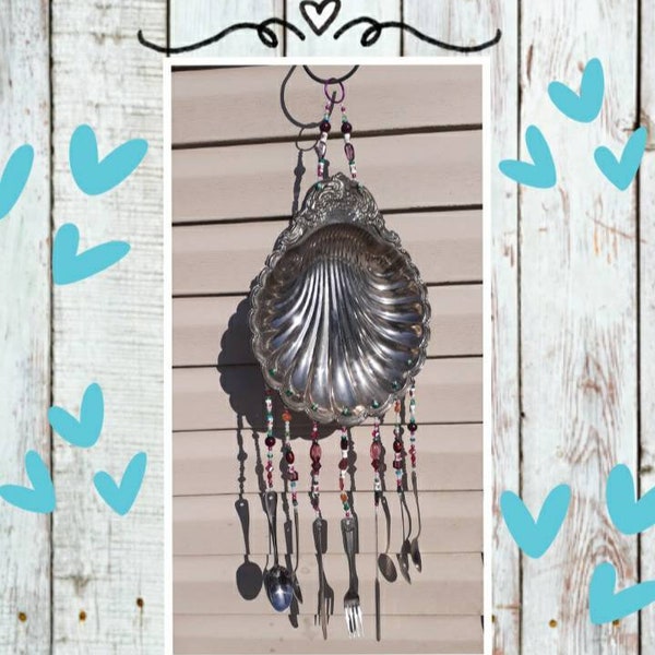 Decorative silverplate dish tray wind chime / chime / teapot wind chime / silverware windchime - floral shell roses