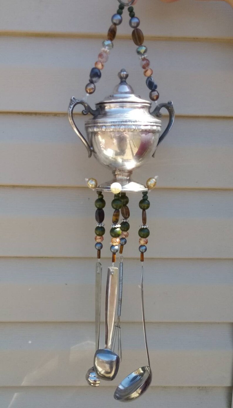 Silverplate sugar bowl creamer teapot wind chime teapot wind chime silverware windchime tiger eye beads