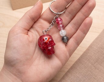 Red evil eye skull beaded keychain / small red skull keychain gift handmade