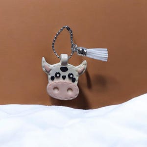 Polymer clay cow faux leather look stitch style keychain / cute clay black white cow bag accessories key chain bag charm purse charm