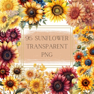 Watercolor Fall Autumn Floral Sunflowers, 95 Transparent flower PNG clip art wedding bouquet borders, cards notes planner commercial use
