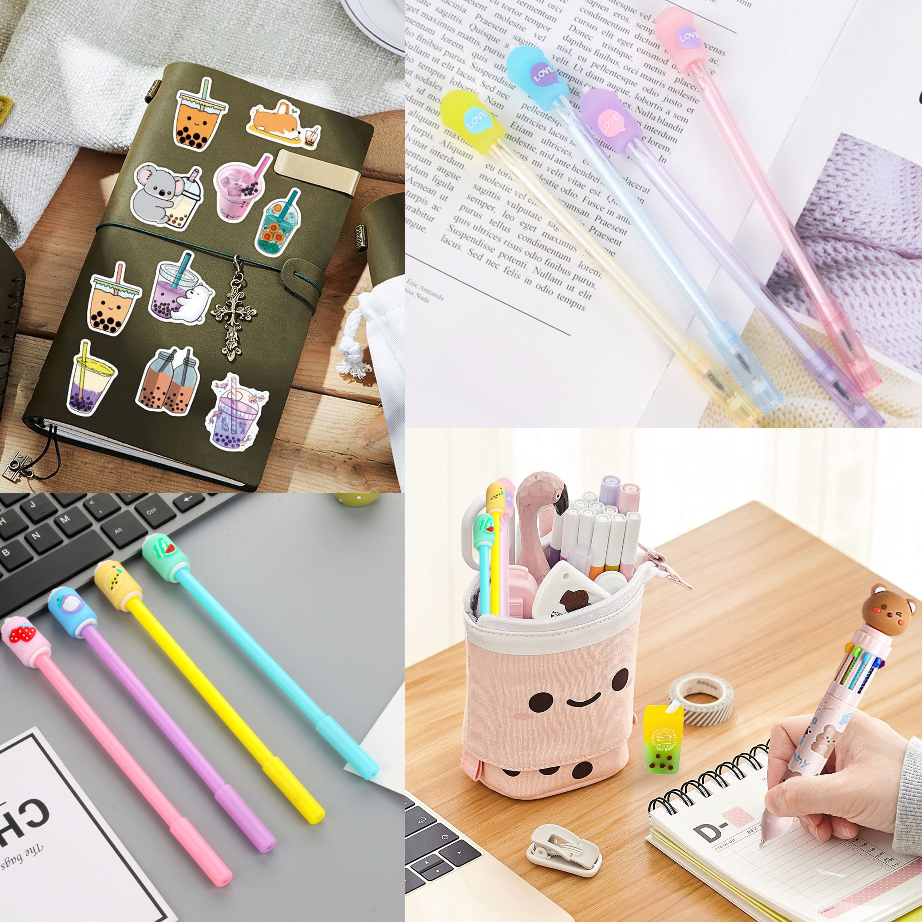 228 Pcs Kawaii Stationary Set Include Telescopic Boba Pencil Pouch Case Bag  Gel Ink Pen Sticky Note Bubble Tea Sticker Pill Highlighter Stationary