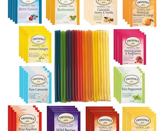 Twinings Tea Sampler Set 12 Flavors Tea Assortment 48 Assorted Tea Bags with 20 Honey Sticks for Tea - Caffeine Free Herbal Tea Box Set