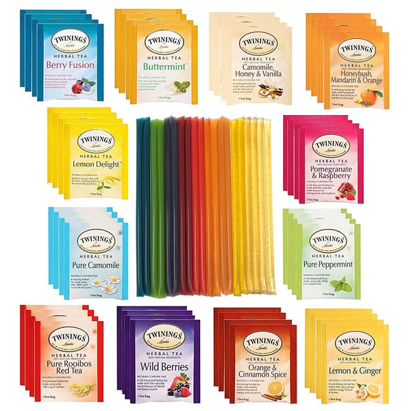 Twinings Tea Sampler Set 12 Flavors Tea Assortment 48 sachets de thé assortis avec 20 bâtonnets de miel pour le thé - Coffret de tisane sans caféine