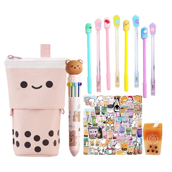 Juego de artículos de papelería Kawaii: 1 estuche de lápices Pop Up Boba, 1  borrador Boba, 8 bolígrafos Kawaii, 50 pegatinas de té de burbujas y 1  bolígrafo de varios colores en uno -  España