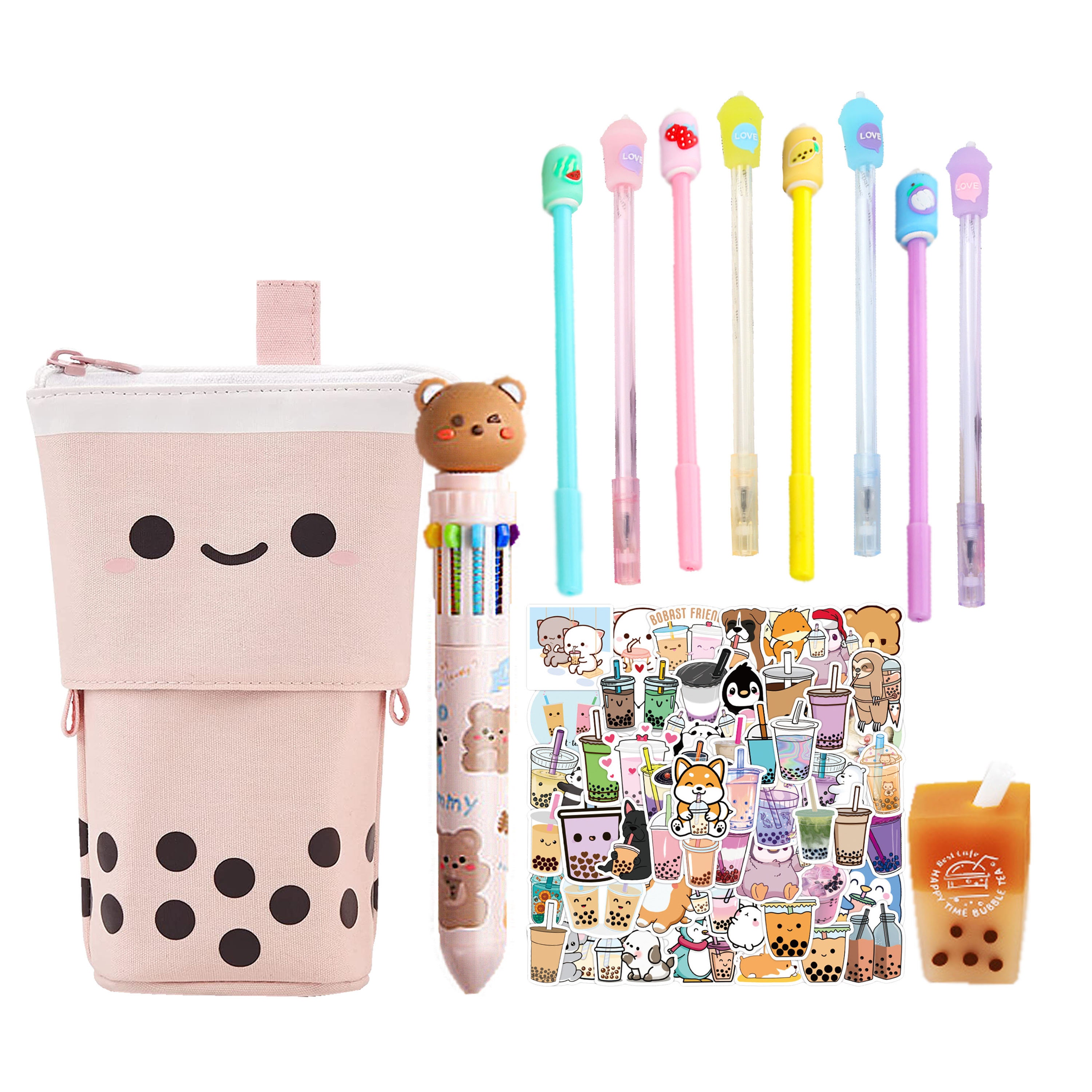 Kawaii Stationary Set 1 Pop up Boba Pencil Case, 1 Boba Eraser, 8