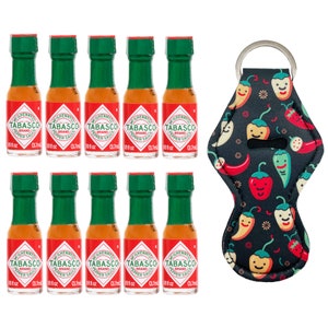 Original Tabasco Hot Sauce Bottles, 10 Pack Mini Hot Sauce Miniature Bottles with Red Chili Pepper Keychain Ring Holder - 3.7ml