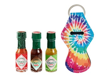 Collection of Tabasco Mini Hot Sauce Bottles - Original Hot Sauce, Green Hot Sauce & Chipotle Hot Sauce with 1 Hot Sauce Keychain Holder