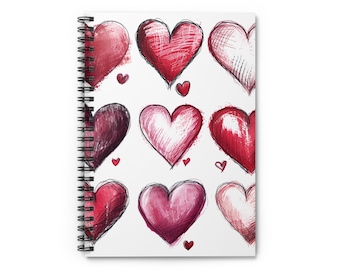 Red Hearts Spiral Notebook, Hand Drawn Hearts Journal, Sketch Style Love Journal, Romantic Gift, Valentine's Day Sketchbook, V-Day Gift