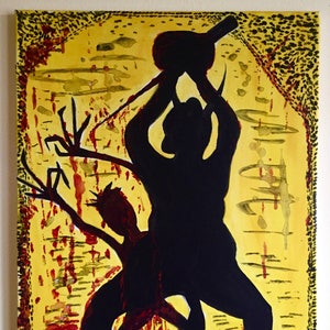 May include: Abstract painting with a yellow background and black silhouettes of figures. Red paint splatters and a decorative border add detail to the artwork. The figures appear to be in a struggle.