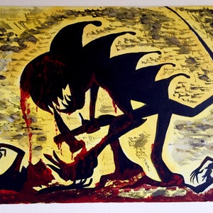 May include: Abstract painting featuring a black silhouette figure on a yellow backdrop. The figure is depicted in a violent act, with red paint symbolizing blood. The artwork conveys a dark and ominous theme.