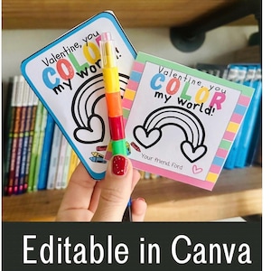 Easy Class Valentine | Color Valentine | You Color my world| Printable | Download | Editable Preschool Valentine| Crayon Valentine Card