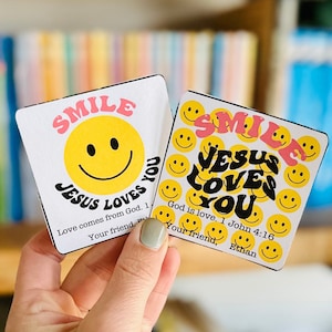 Smile Jesus Loves You Valentine Christian Bible Verse Valentine God is Love Groovy Smiley Face Valentine Class Valentine Card image 1