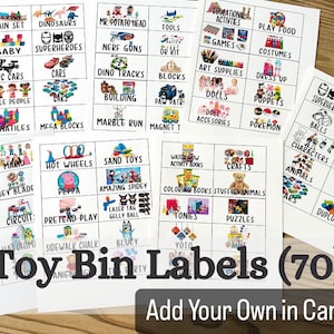 May include: A set of 70 printable toy bin labels for organizing children's toys. The labels feature a variety of toy categories, including educational activities, games, art supplies, dress up, dolls, puppets, superheroes, balls, boats, planes, characters, animals, music, puzzles, Duplo blocks, stuffed animals, crafts, hot wheels, sand toys, Peppa Pig, pretend play, laser tag, and more. The labels are designed to be printed and cut out, and can be used to label toy bins, shelves, or drawers.
