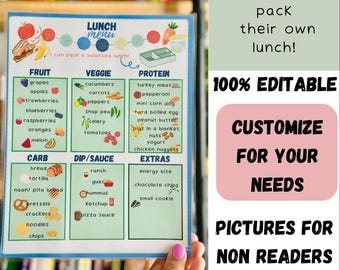 Menú de almuerzo con imágenes imprimibles / Planificador de loncheras / Gráfico de categorías de alimentos / Enseñar a los niños a preparar su almuerzo / Comidas equilibradas / Editable