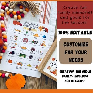 Puede incluir: Lista de tareas de otoño imprimible. La lista se titula "Family Fall Bucket List" e incluye actividades como "Hacer una colección de hojas", "Ir de excursión por la naturaleza" y "Tallar una calabaza".