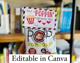 Clase de palomitas de maíz para el día de San Valentín, imprimible, editable, fácil, para San Valentín, sin dulces, sin gluten, descarga digital