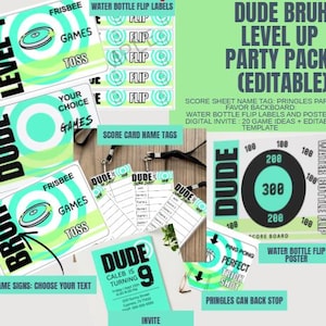 Op de afbeelding: Een digitaal feestpakket met Dude Bruh Level Up branding in turquoise, zwart en wit. Bevat spelborden, labels voor waterflessen, naamkaartjes voor scorebladen, een scorebord, een Pringles-bus achterkant en een bewerkbare uitnodiging.