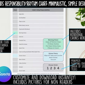 May include: A printable chart for kids to use as a daily responsibility and rhythm chart. The chart is designed to be simple and minimalist. It includes a list of daily chores, a section for morning and dinner chores, and a shower order. The chart is customizable and includes pictures for non-readers. The text on the chart says "Kids Responsibility/Rhythm Chart: Minimalistic, Simple Design", "Includes Rotational Chores Here", "Minimize Fighting Over Order of Sibling Tasks", "Customize and Download Instantly!", and "Includes Pictures for Non-Readers".
