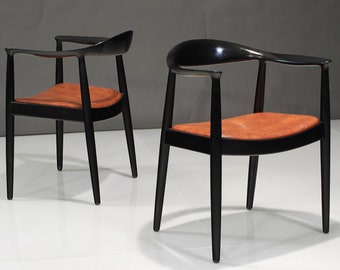 Pair of Mid-Century Ebonized Oak Round Chairs in manner of Hans Wegner