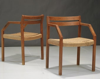 Pair of Teak and Papercord Danish Armchairs by Niels Moller