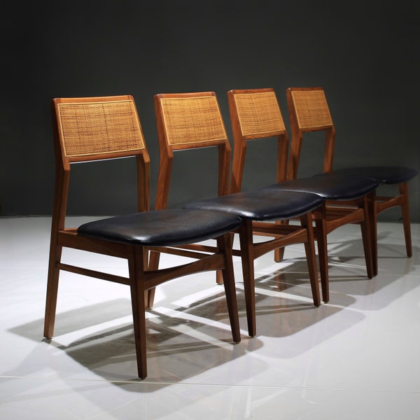 Mid Century Modern Walnut Cane Dining Chairs Set of 4 by Foster McDavid