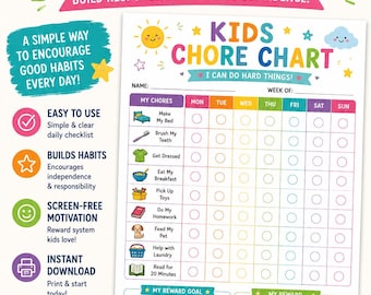 Kids Chore Chart Printable | Daily Responsibility Tracker | Morning & Evening Routine Chart | Reward Chart for Kids | PDF