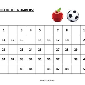 May include: A black and white soccer ball and a red apple are above a grid of numbers from 1 to 50. The numbers are arranged in rows of 10, with the numbers 1, 11, 21, 31, and 43 at the beginning of each row.