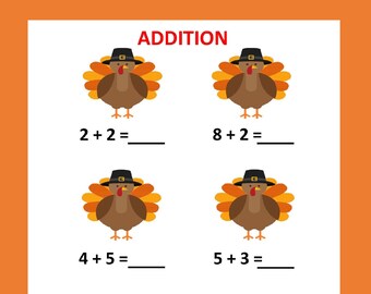 TURKEY ADDITION (12 Worksheets) Preschool, Kindergarten thanksgiving, Fall worksheeets, Autumn Printable worksheets/ Thanksgiving activites/