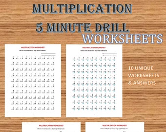 Multiplication 5 minute drill V (10 Math Worksheets with answers)/pdf/ Year  2,3,4/ Grade 2,3,4/Printable worksheets/ Basic multiplication